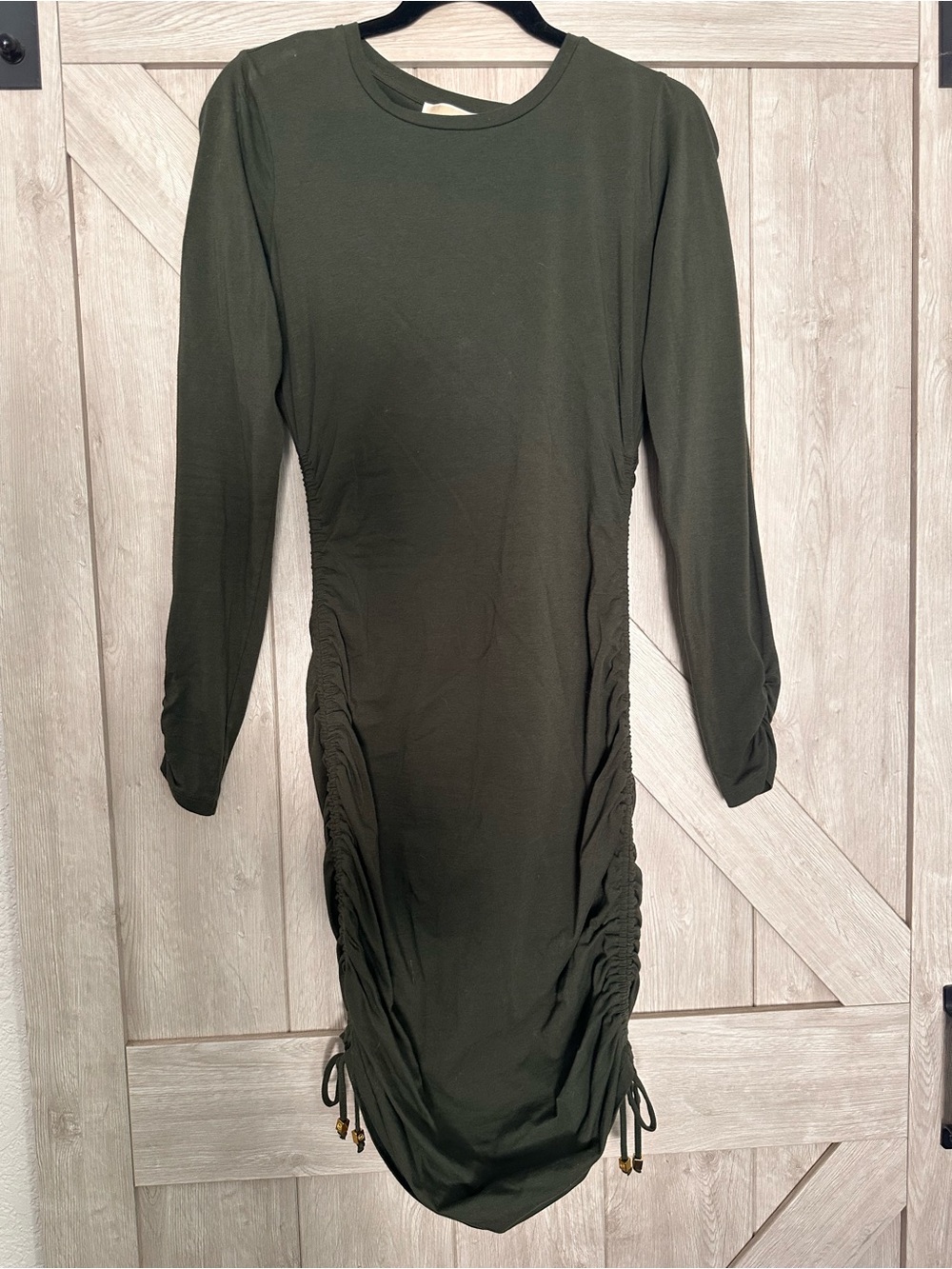 Michael Kors Olive Long Sleeve Ruched Midi Dress